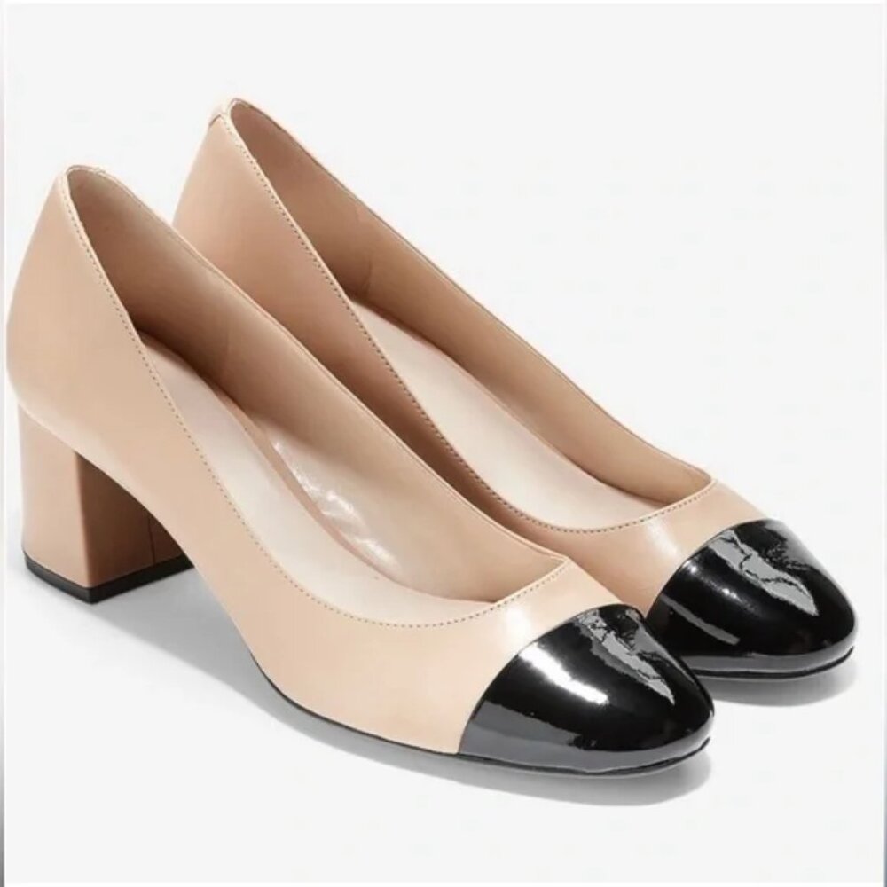 NWOT Sz 7.5 Cole Haan Dawna Grand Pump Nude & Black Patent Toe - Picture 2 of 16